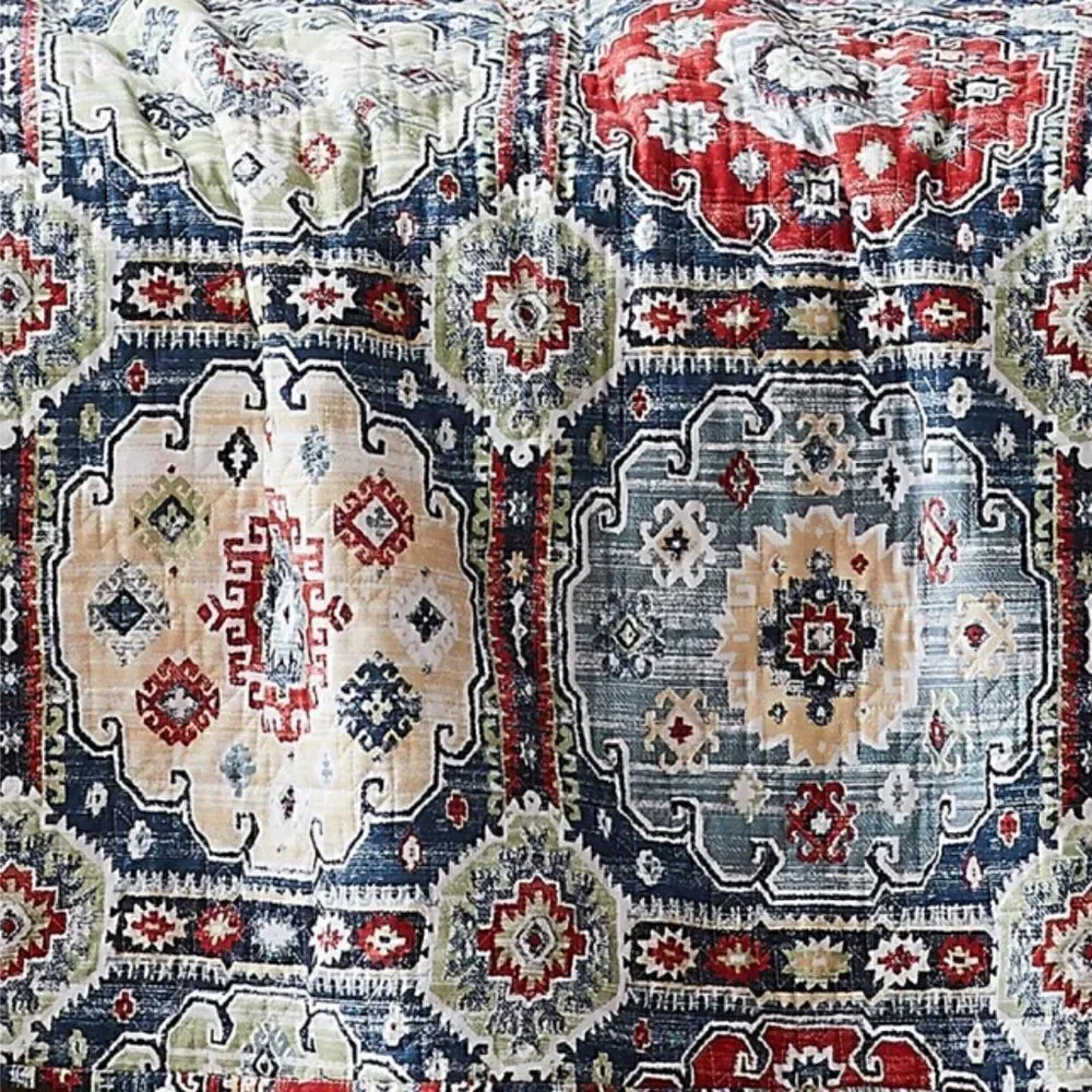 Boho Batik Style Bohemian Print Muted Block Oversized Queen Quilt Set
